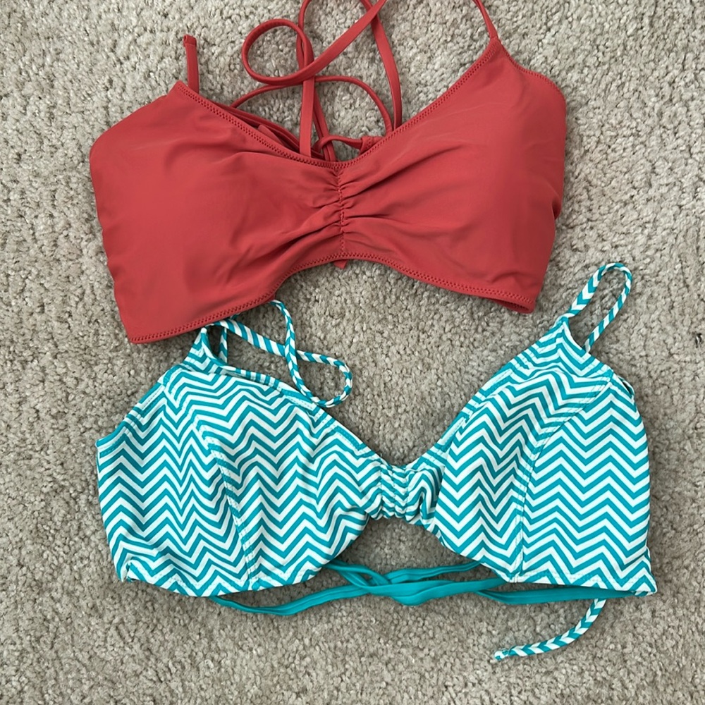 Women's Rust Red Strappy Bikini Top & Teal Chevron Bikini Top Set